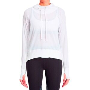 Boom Boom Athletica White Bubble Mesh Hoodie Curved Hem Thumb Loop Funnel Neck S